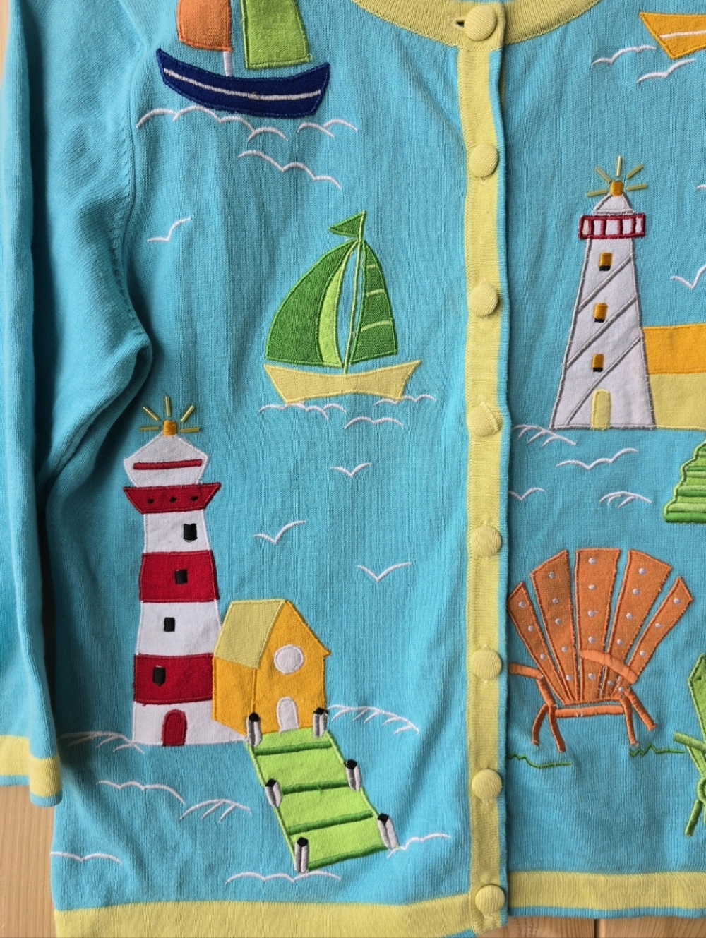 Vintage Rainbow Bridge Sailboat Beach Cotton Cardigan Sweater Teal Womens Small - Picture 2 of 9